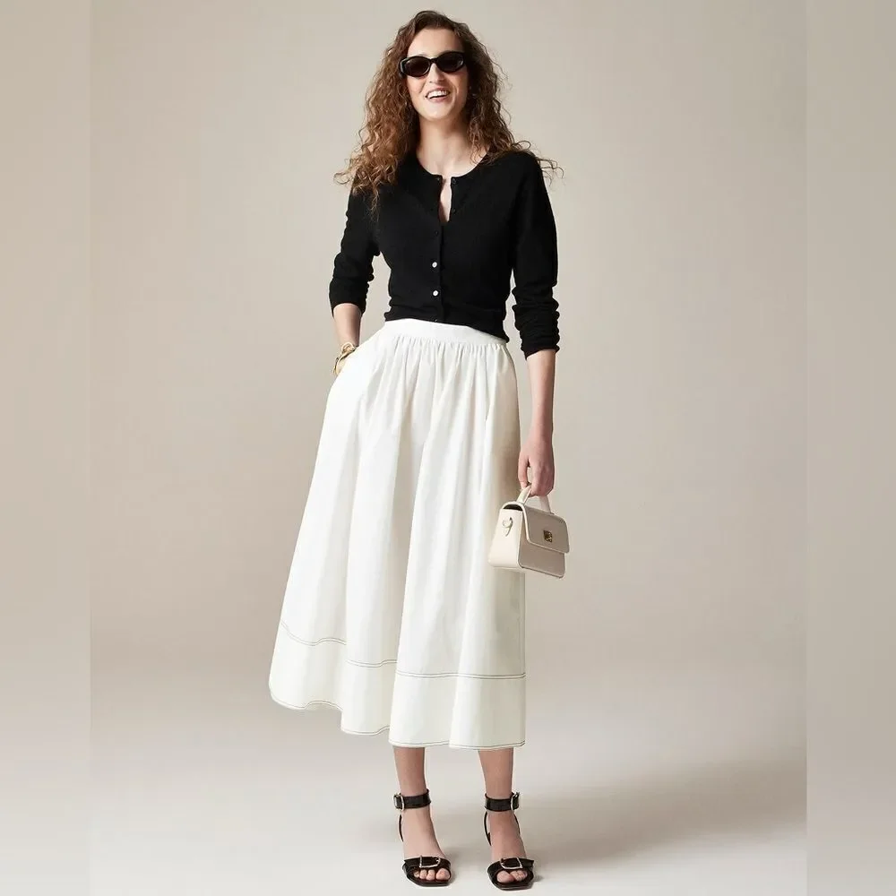 NWT J CREW Contrast-stitch midi skirt in cotton poplin in dark navy